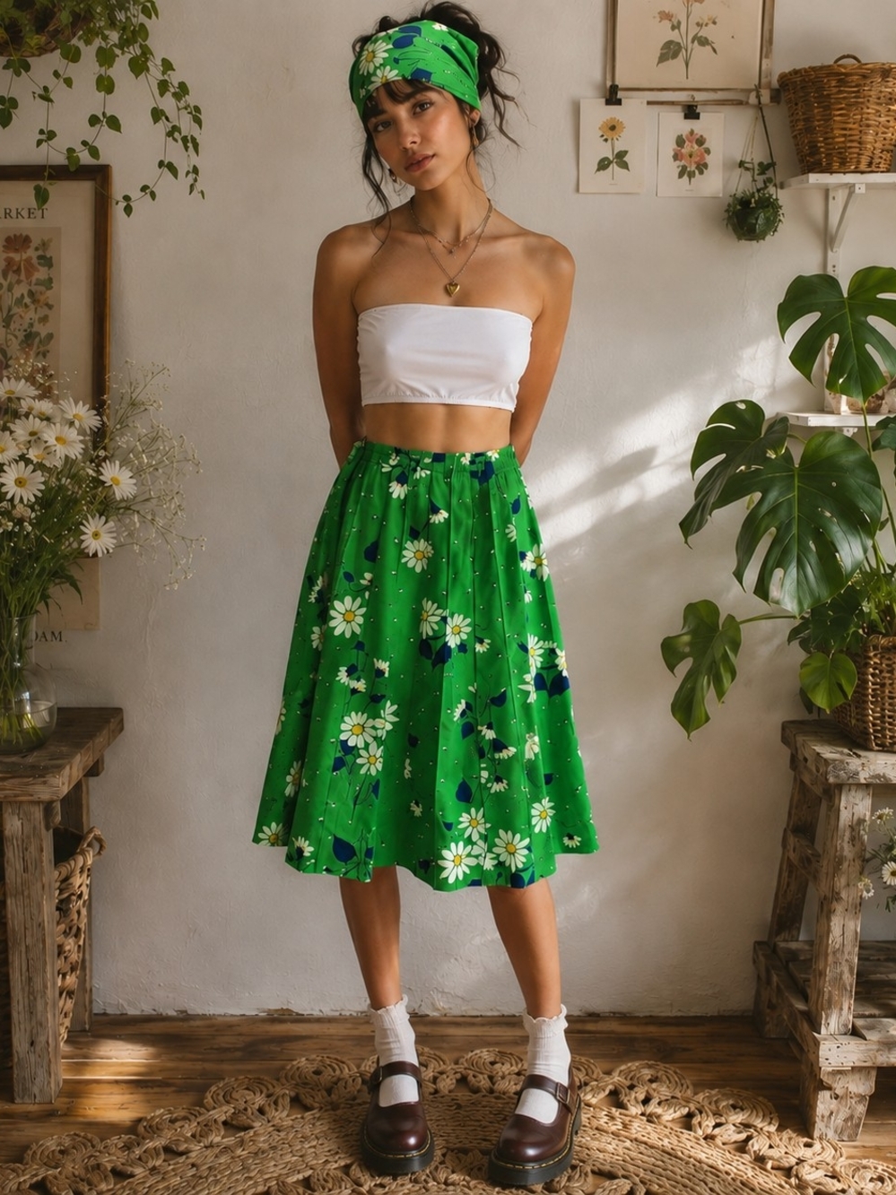 Vintage 70s Green Floral Skirt Midi White Daisy Pintuck Size Small Boho Cottage